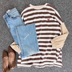 Atasan Kaos Wanita Lengan Panjang Kekinian  Stripy Wita dengan Bahan Rib Terbaru