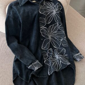 Atasan Kemeja Aurina Denim Bordir Wanita dengan Bahan Jeans untuk Gaya Modern Kekinian