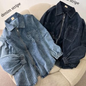 Jaket Jeans Oversize Zipper Stripe Gaya Korea Chic dan Kekinian