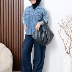 Pakaian Atasan Kemeja Wanita Ruelle Lace Denim dengan Desain Casual Kekinian