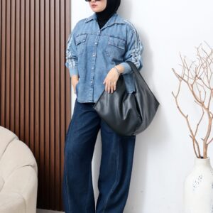 Pakaian Atasan Kemeja Wanita Ruelle Lace Denim dengan Desain Casual Kekinian