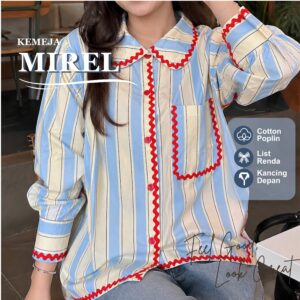 Kemeja Mirel iLTs - Atasan Kemeja Wanita Motif Salur Detail Scallop Adem Cotton Poplin All Size