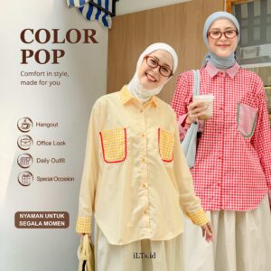 Color Pop Shirt iLTs - Kemeja Wanita Motif Garis Kotak Kombinasi Cotton Bordir Playful Dailywear All Size