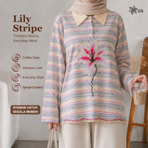 Lily Stripe Shirt iLTs — Atasan Polo Wanita Motif Salur Bordir Bunga Lily Bahan Knit Adem All Size
