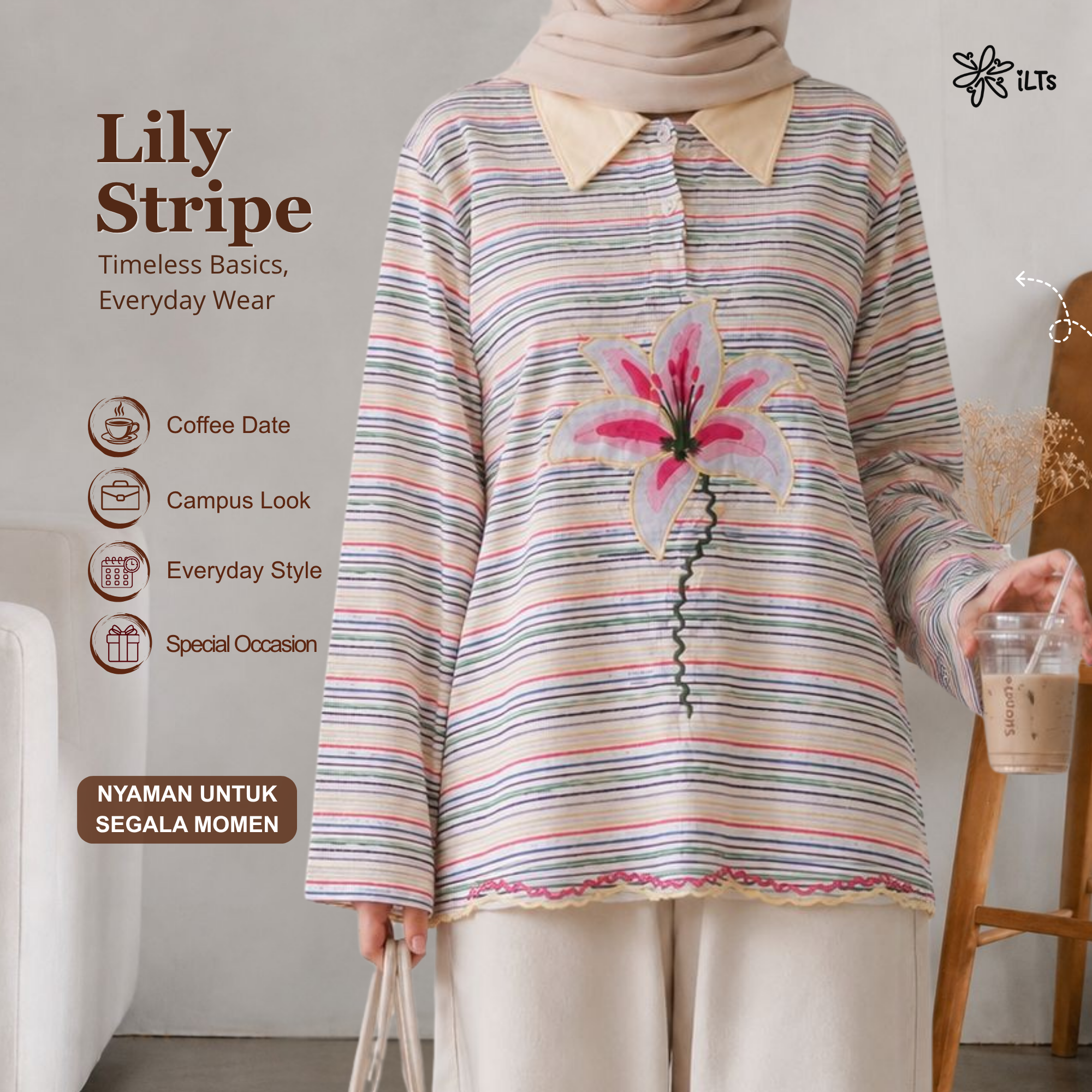 Lily Stripe Shirt iLTs โ Atasan Polo Wanita Motif Salur Bordir Bunga Lily Bahan Knit Adem All Size