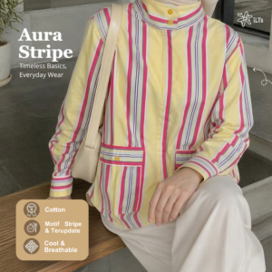 Kemeja Aura Stripe High Neck iLTs — Atasan Wanita Kerah Tinggi Salur Katun Premium All Size