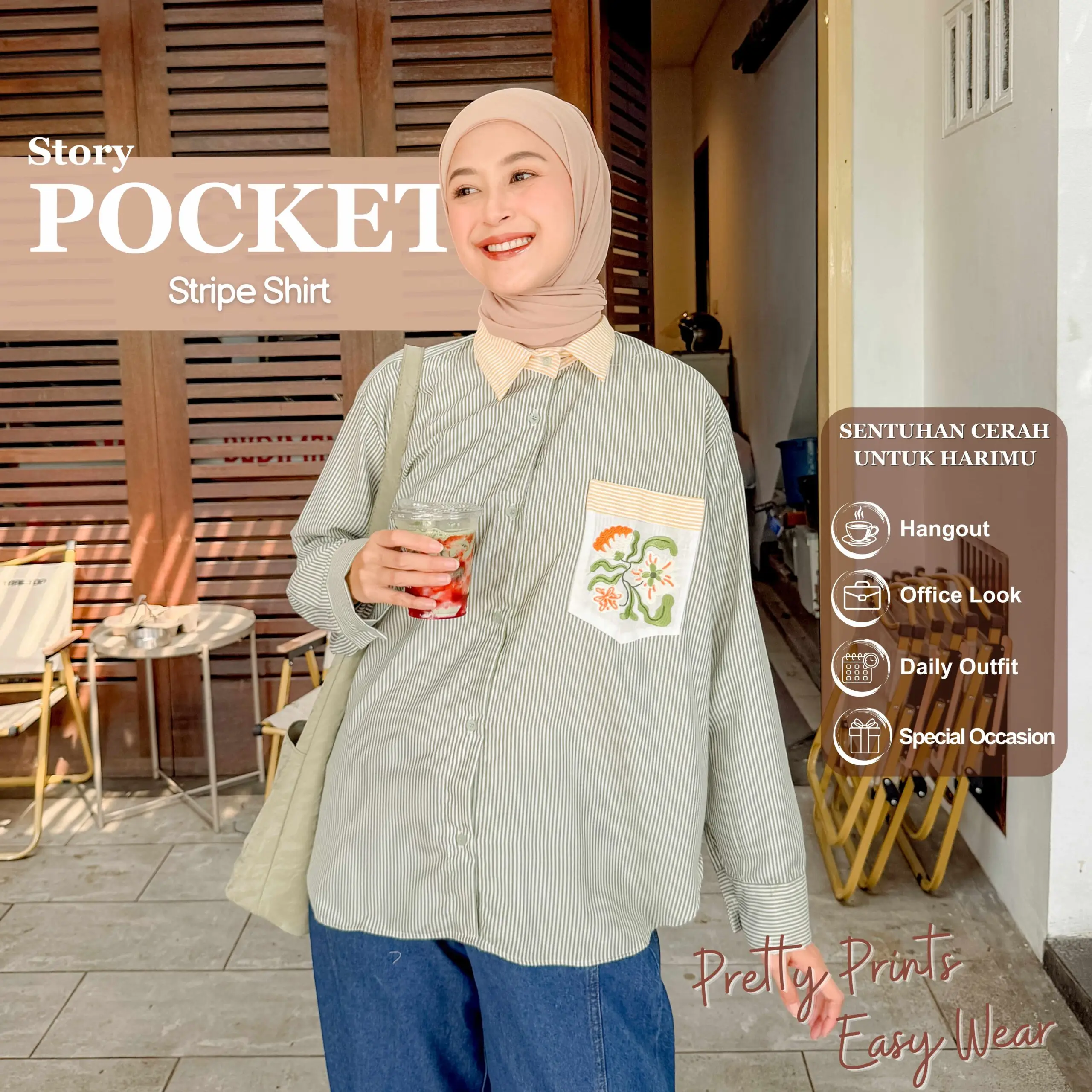 Kemeja Story Pocket Shirt iLTs | Atasan Wanita Oversize Pocket Bordir Bloom All Size