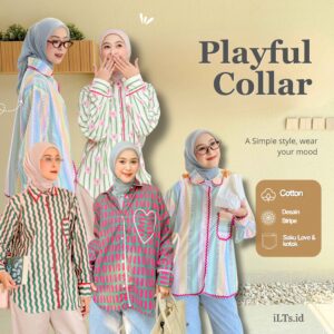 Playful Collar Shirt iLTs — Kemeja Oversize Wanita Motif Garis Lucu Bahan Cotton Adem Terbaru