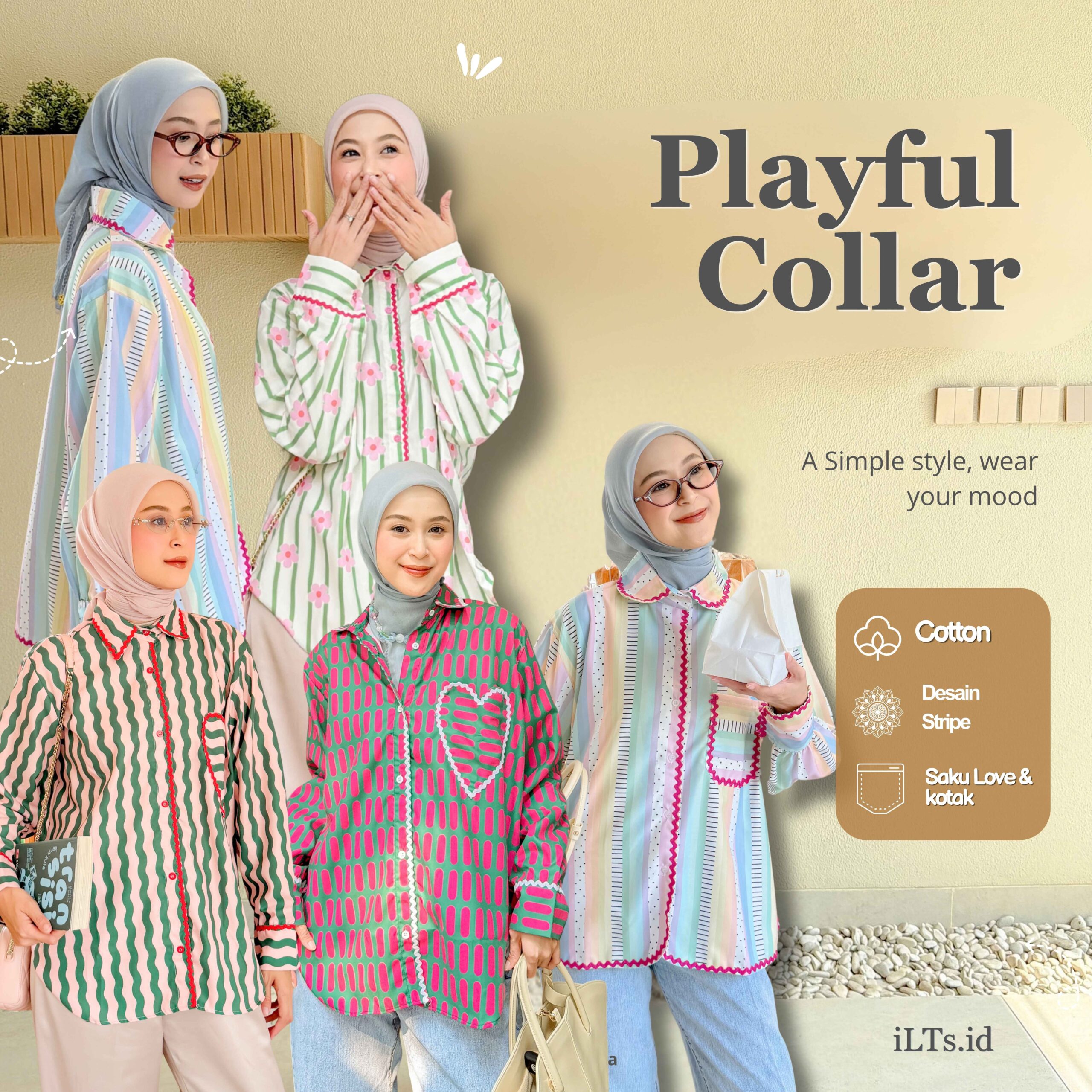 Playful Collar Shirt iLTs โ Kemeja Oversize Wanita Motif Garis Lucu Bahan Cotton Adem Terbaru