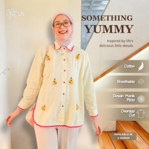 Kemeja Something Yummy iLTs — Kemeja Oversize Wanita Motif Manik Pizza Bahan Katun Adem All Size