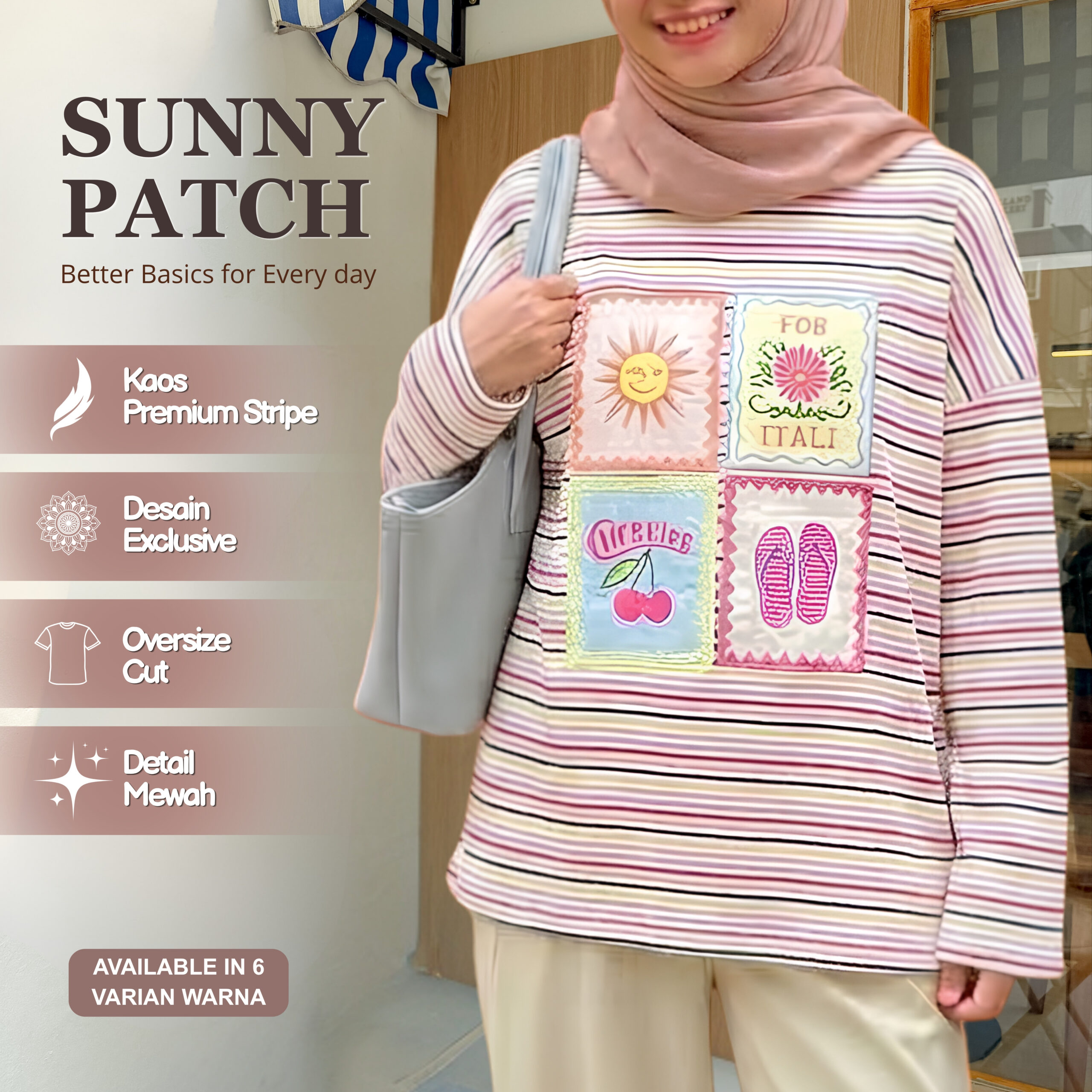 Sunny Patch Shirt โ Kaos Stripe Premium Oversize dengan Detail Bordir Unik