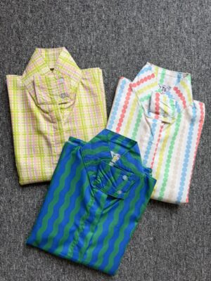 Kemeja Aura Stripe High Neck iLTs — Atasan Wanita Kerah Tinggi Salur Katun Premium All Size